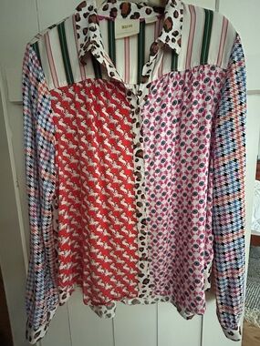 Anthropologie Mixed-Print Button-Down Shirt in Red, Pink, Green & Brown